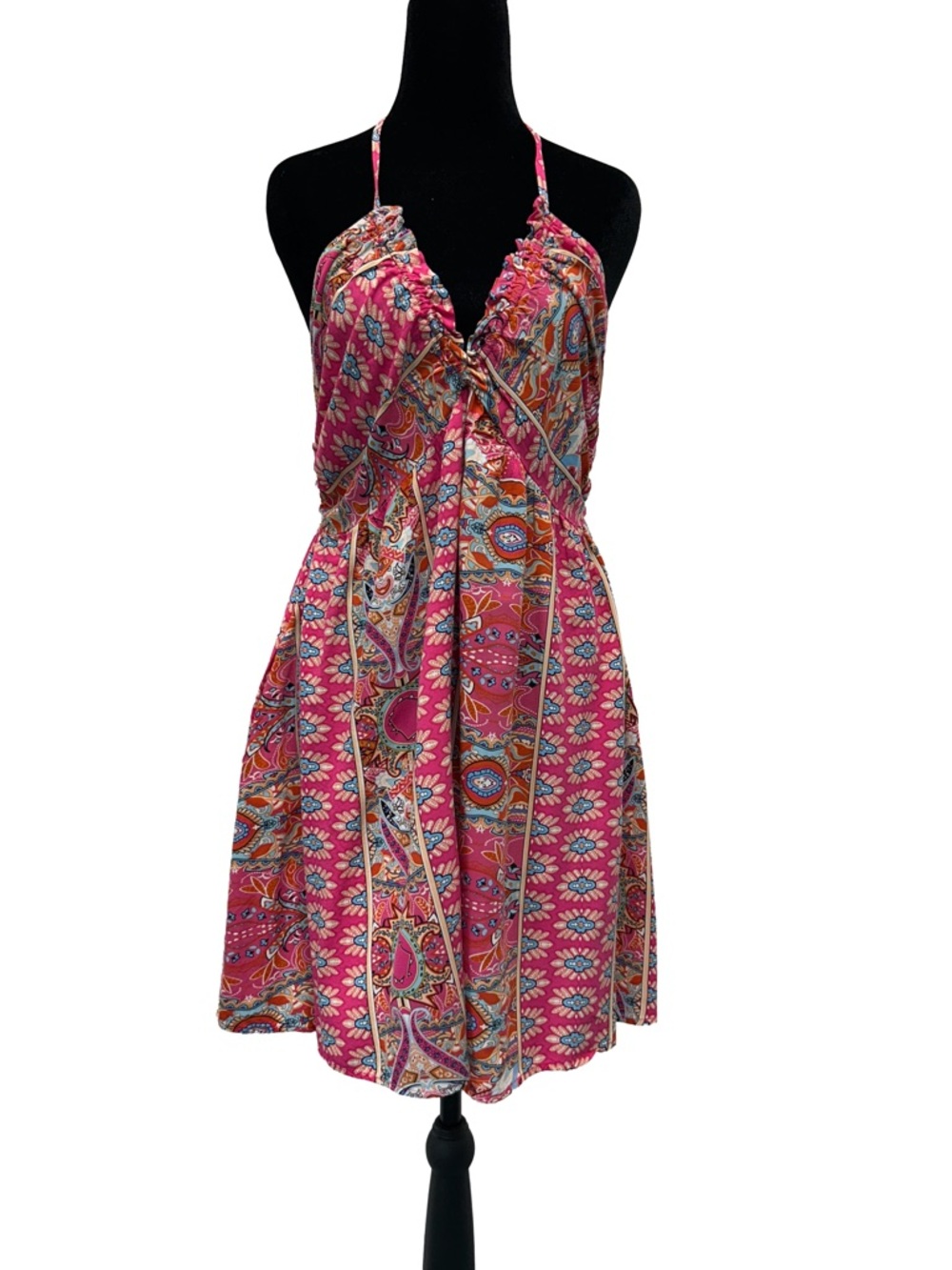 Pink Paisley Halter Sundress with Ruching